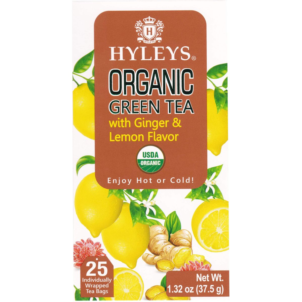 Hyleys Organic Green Tea Ginger and Lemon Flavor  25 Tea Bags