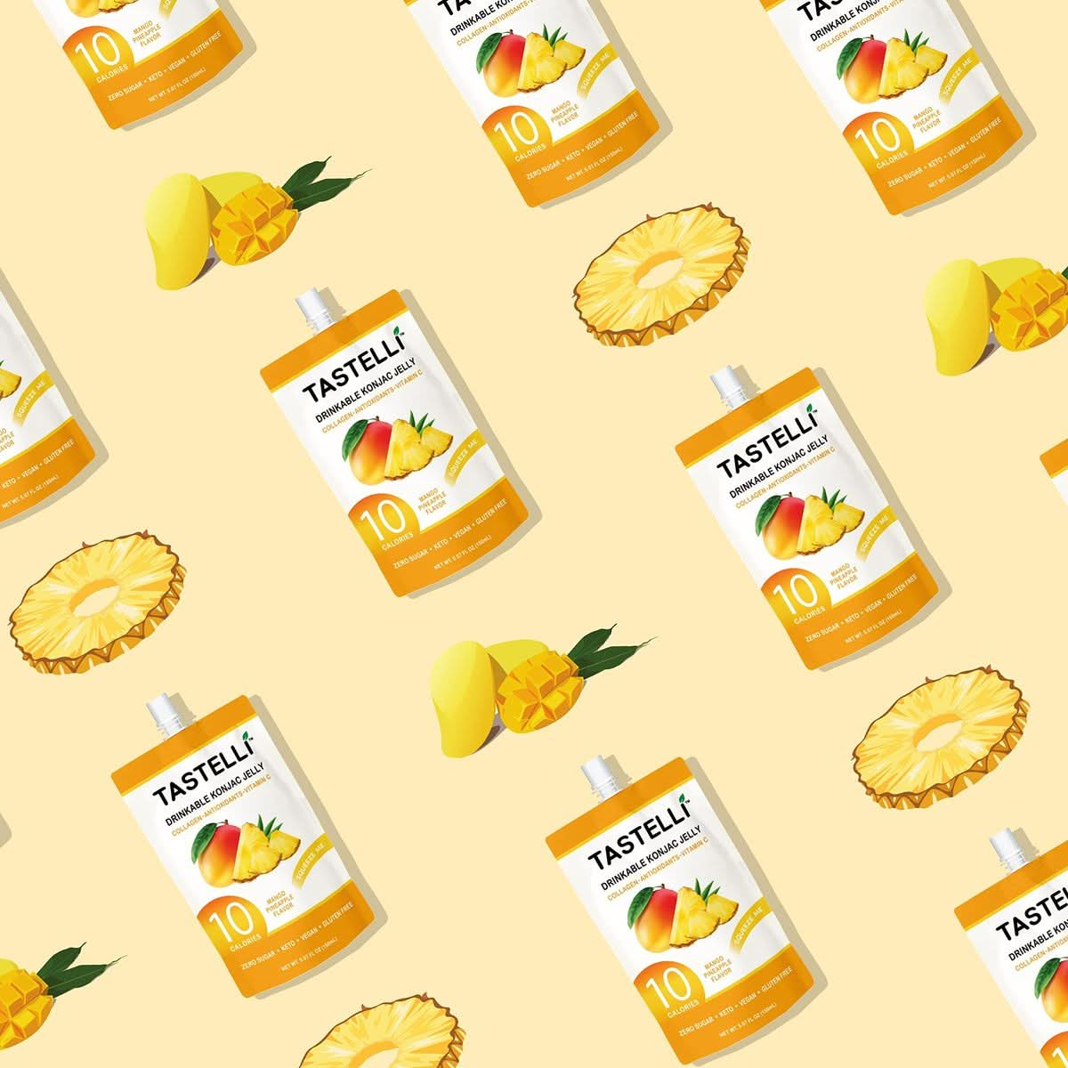 Tastelli Konjac Jelly Infused with Collagen Drink  Vitamin C  Antioxidants  10 Calories Vegan Zero SugarHealthy Drinkable Dessert Pouch  Mango Pineapple  150mL x 10 Pouches