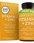 Viva Naturals Vitamin C and Zinc Supplement (250 Capsules) - 1000 mg Vitamin C with Zinc 20 mg Antioxidant Supplements for Immune Support, Plant Based Zinc and Vitamin C Supplement for Adults