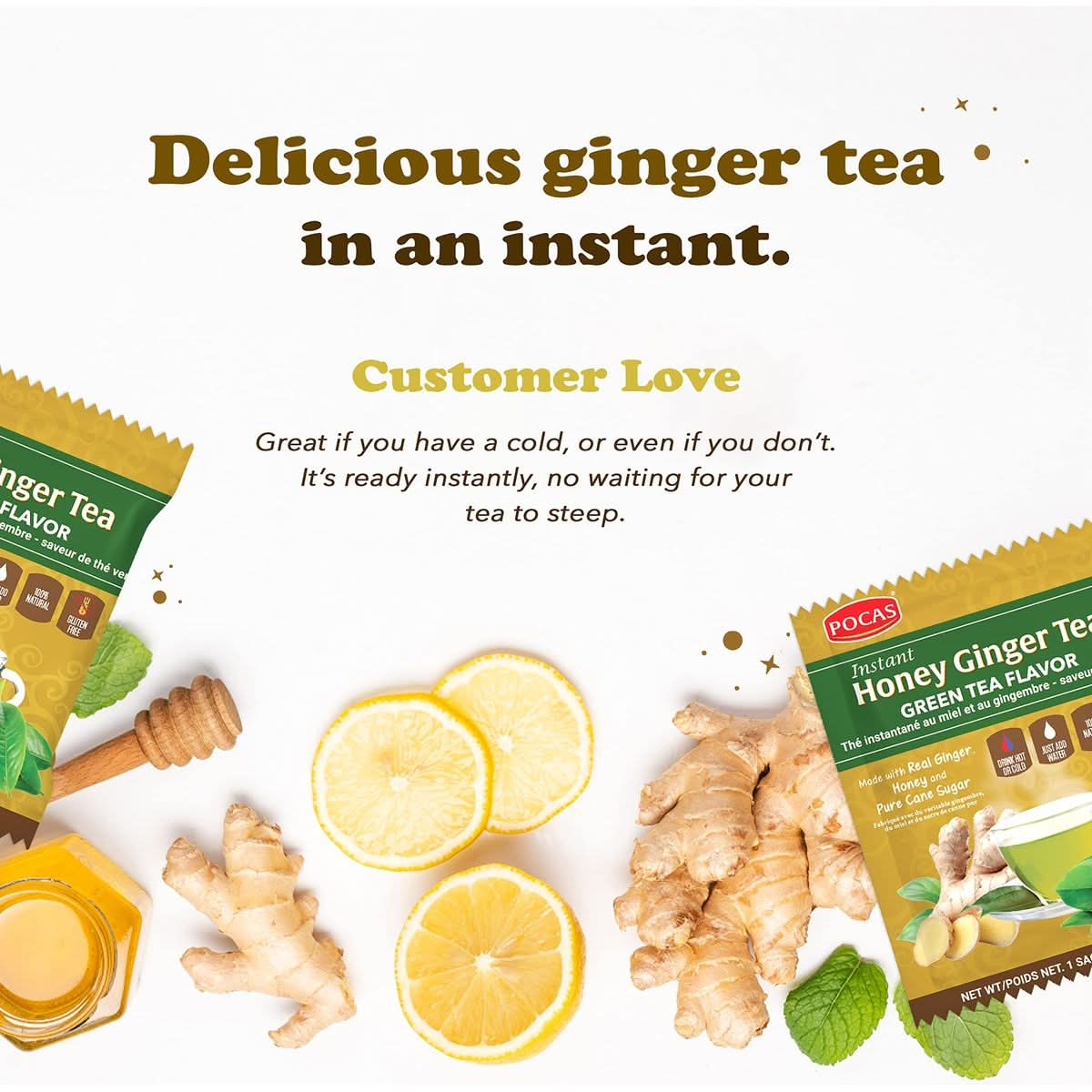 Pocas Honey Ginger Tea  Instant Tea Powder Packets with Green Tea Extract  Ginger Honey Crystals Tea NonGMOGluten FreeCaffeine Free Tea 20 Count