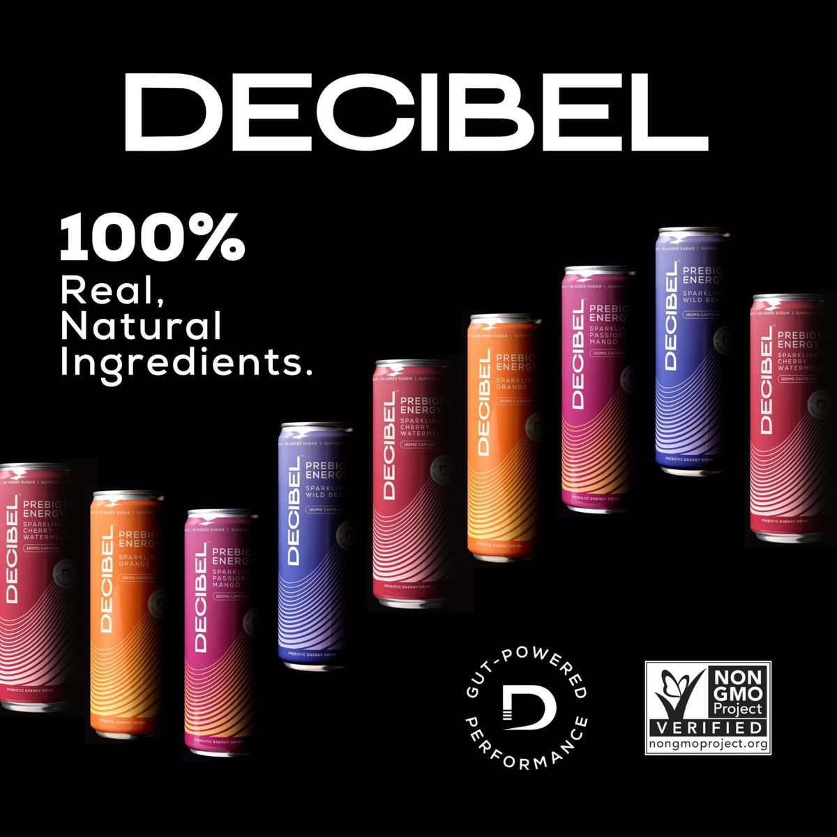 DECIBEL Prebiotic Energy Drink  Healthy Functional Energy Supports Gut Health and Digestion with 5g of Prebiotic Fiber No Added Sugar No Artificial Ingredients Orange 12 Cans