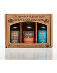 Crown Maple Premium Trio Collection in Petite 50ML 17 Fl Oz Window Box featuring Amber Color Bourbon Barrel Aged and Madagascar Vanilla Infused Organic Maple Syrup