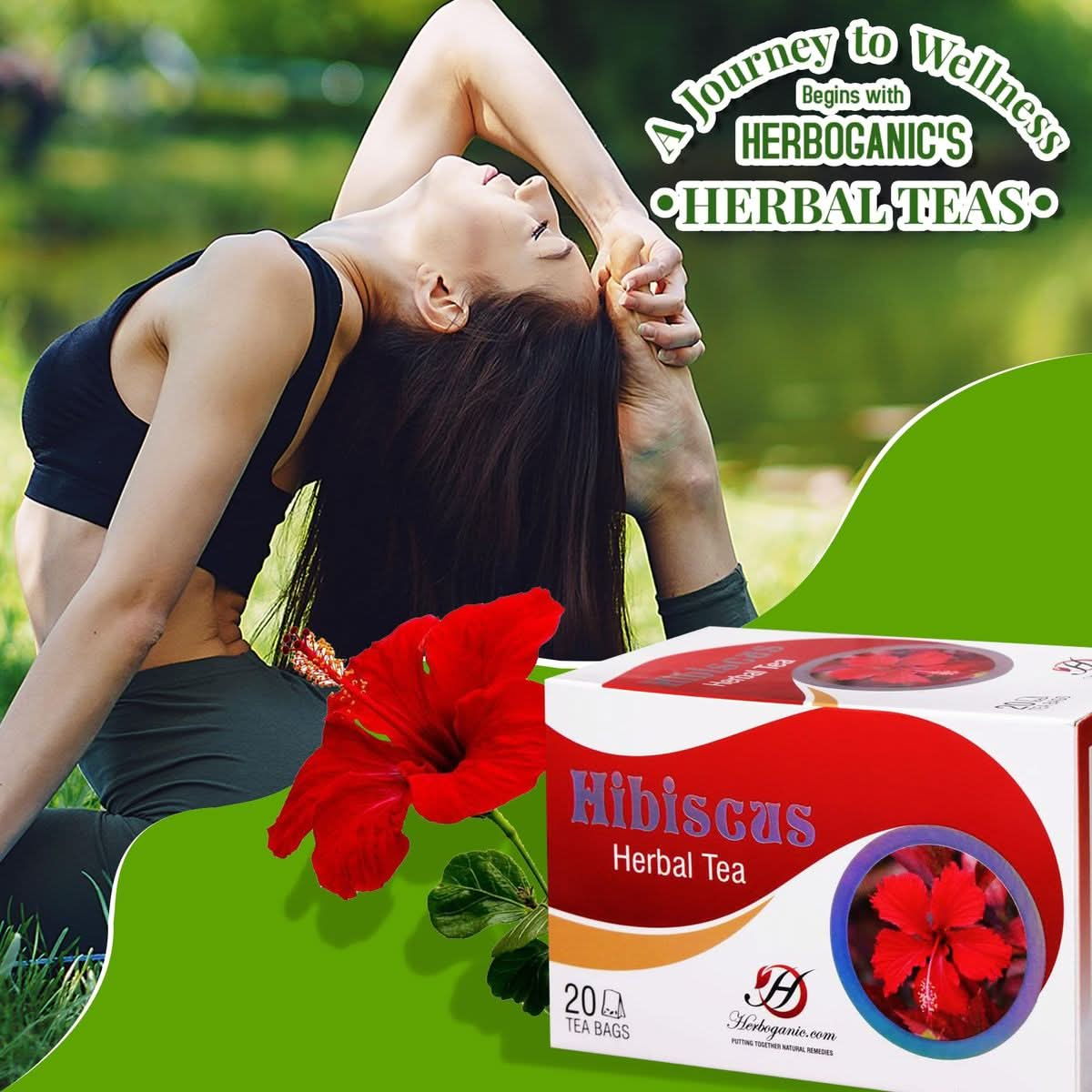 HERBOGANIC Hibiscus Herbal Tea  Digestion and Immune Support  Refreshing and Delicious Blend  Natural Ingredients  20 Tea Bags