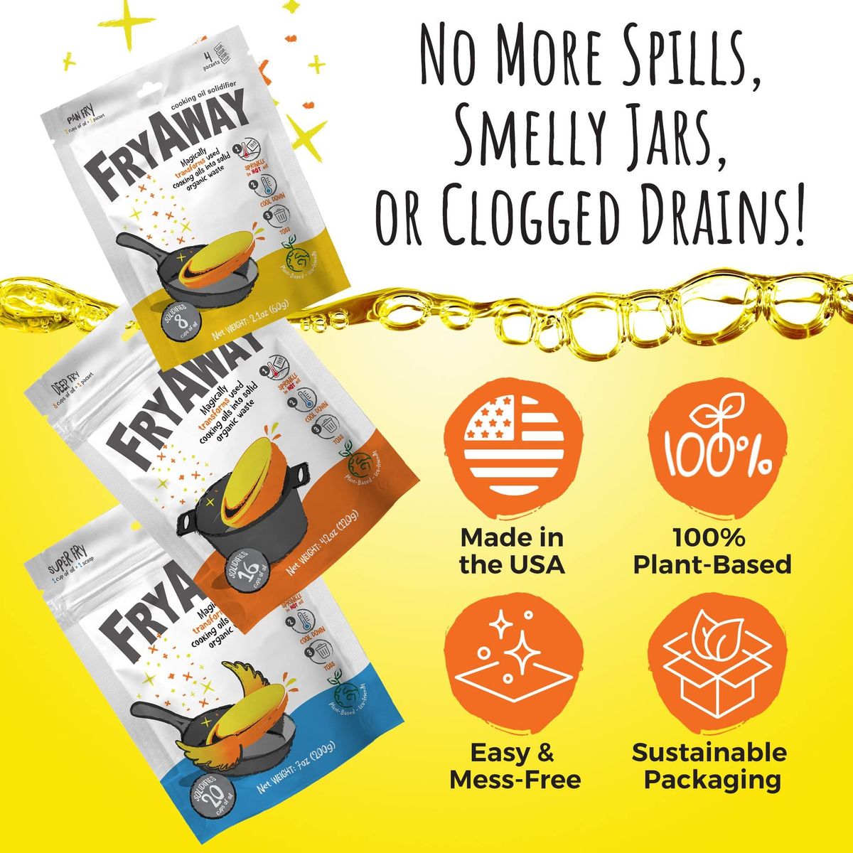 FryAway Deep Fry Cooking Oil Solidifier, Solidifies up to 16 Cups - Plant-Based Fry Away Powder, Hardener that Turns Used Oil to Hard Oil and Organic Waste - Easy to Use, Made in the USA