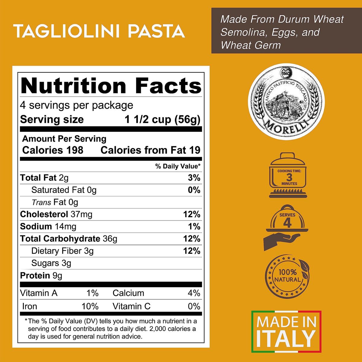 Morelli Pasta Egg Tagliolini Italian Pasta -Gourmet Pasta - Handmade in Small Batches - Imported Italian Pasta Noodles - Durum Wheat Semolina Pasta - 8.8 Oz / 250gr (Pack of 2)