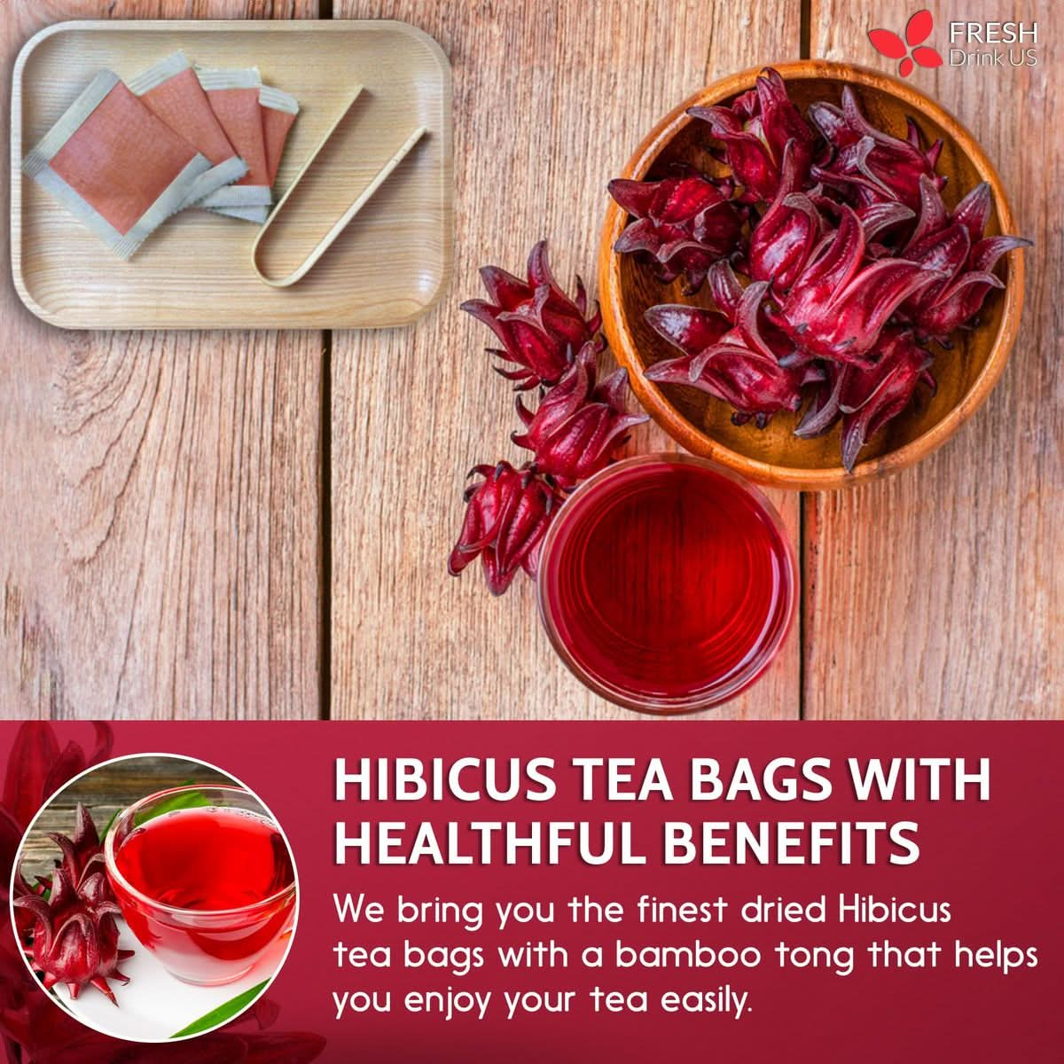 FreshDrinkUS Premium 140 Hibiscus Flowers Tea Bags 100 Natural Pure from Hibiscus Flowers Loose Flower Hibiscus Herbal Tea Hibiscus Flower Tea No Sugar No Caffeine No Gluten Vegan