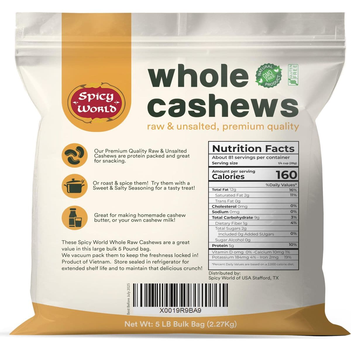 Spicy World Raw Cashews Whole 5 Pound Bulk  Unsalted Natural  Pure No Chemicals