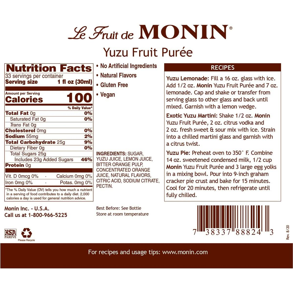 Monin  Yuzu Purée Sweet  Tangy Citrus Flavor Great for Teas Sodas Cocktails  More Natural Flavors No Artificial Sweeteners or Ingredients GlutenFree Vegan NonGMO Clean Label 1 Liter