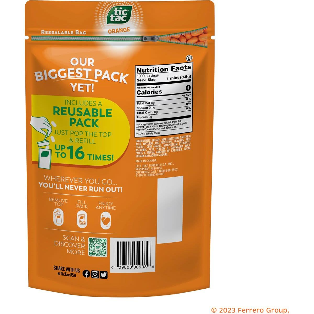 Tic Tac Resealable Refill Bag Bulk 172 Oz Orange Flavored Mints OnTheGo Refreshment Includes Empty Refillable Pack