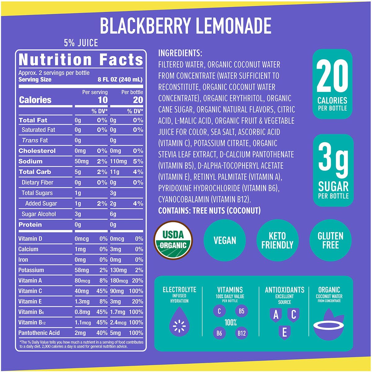 ROAR Complete Hydration Organic  Electrolyte Drinks Loaded with Vitamins C B5 B12  NonGMO GlutenFree  Blackberry Lemonade  12 pc