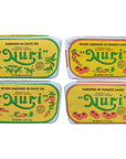 NURI Portuguese Sardines Variety Pack  4 Pack Bundle  One of Each  Pure Olive Oil Spiced Pure Olive Oil Tomato and Olive Oil AND Spiced Tomato and Olive Oil