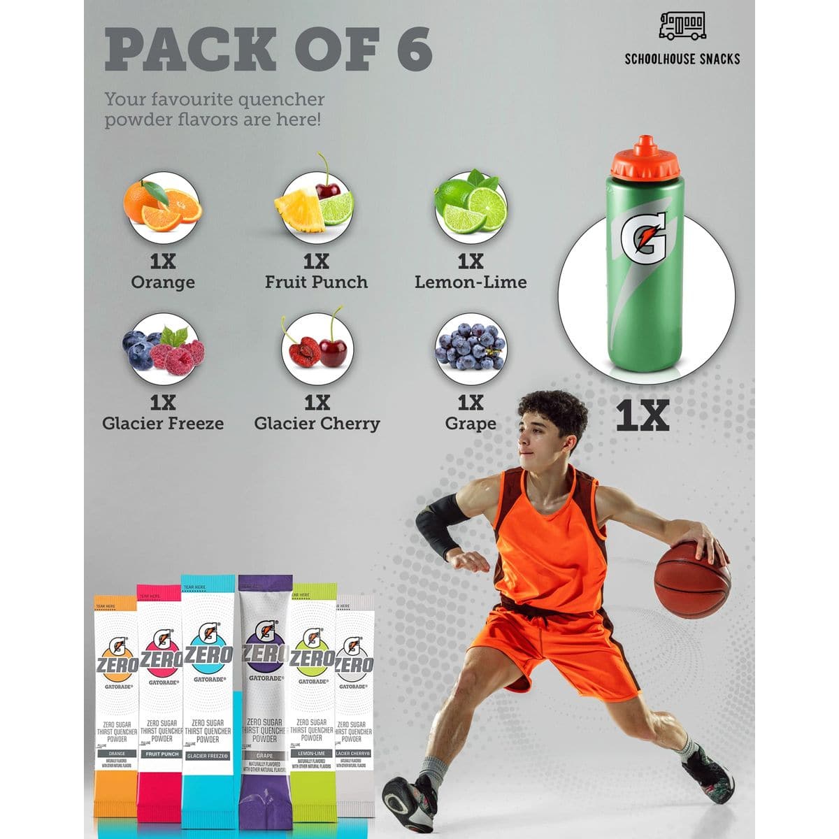 Gatorade Water Bottle with 6 Convenient Gatorade Zero Powder Packets for Hydration on the Go bundle by Schoolhouse Snacks