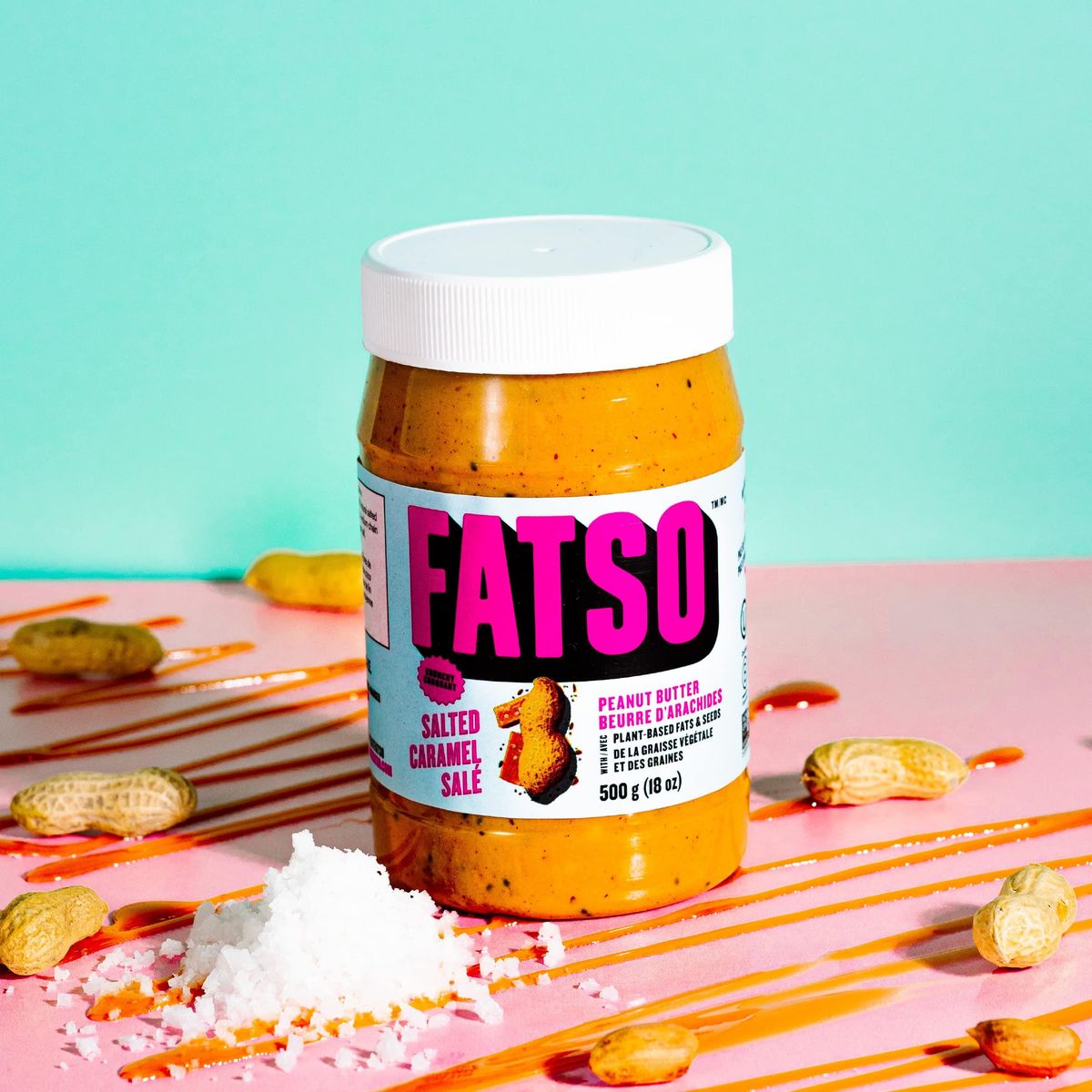 FATSO Crunchy Salted Caramel Peanut Butter - Natural Nut Spread w/Plant-based Seeds &amp; Superfats - Keto-friendly, Gluten-free &amp; Sugar-free Protein Butter - (16oz Jar, 2 Pack)