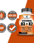 American Standard Supplements Vitamin D3 5000 IU (125mcg) Plus Vitamin K2 (MK7) 200mcg Per Capsule - Gluten Free, Non-GMO, 120 Capsules, 120 Servings, 120 Day Supply