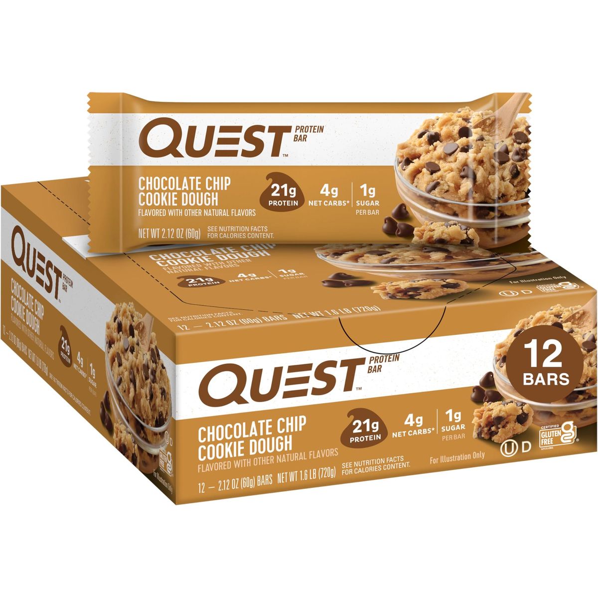 Quest Nutrition Chocolate Chip Cookie Dough Protein Bars, High Protein, Low Carb, Gluten Free, Keto Friendly, 12 Count