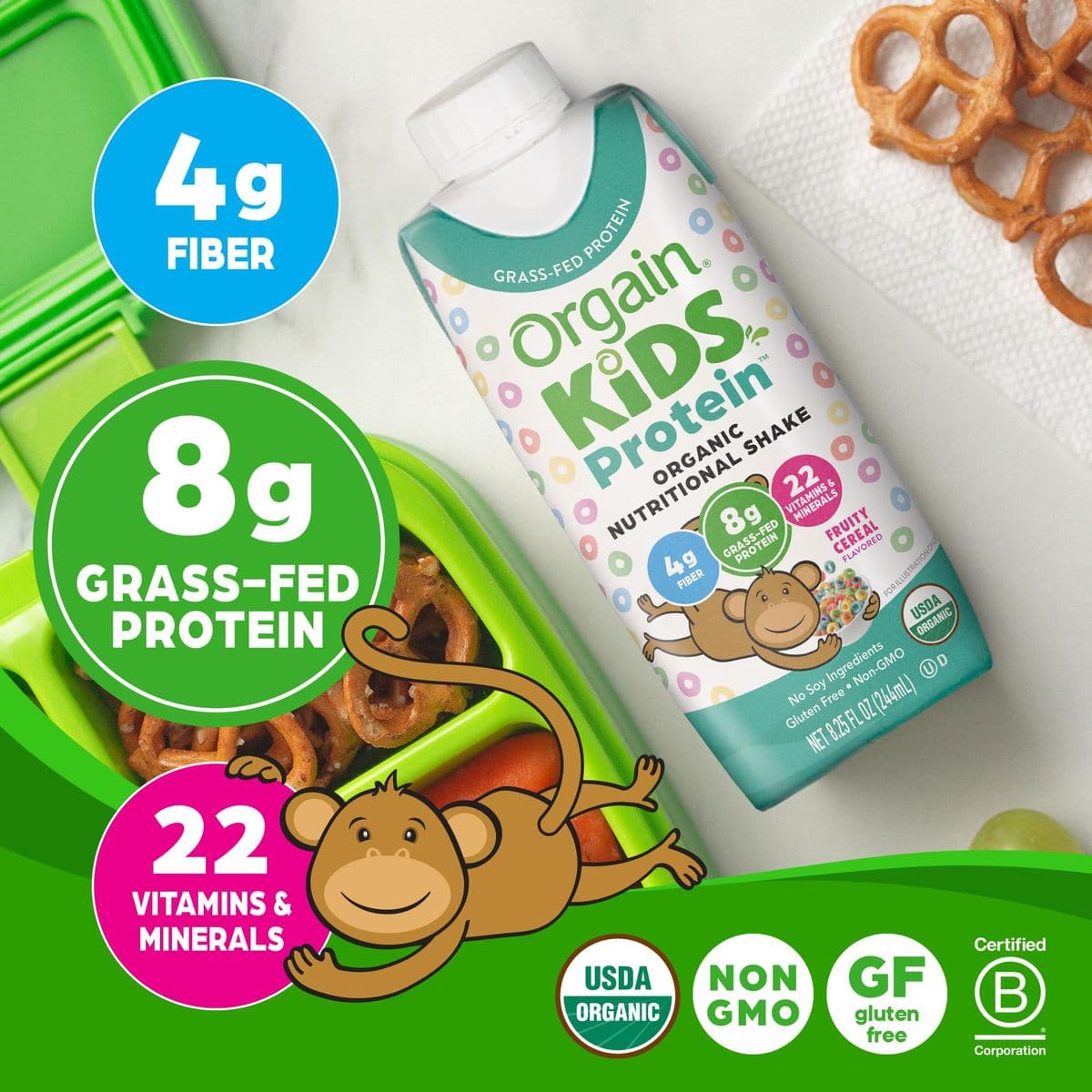 Orgain Organic Kids Nutritional Protein Shake Fruity Cereal Healthy Kids Snacks 8g Dairy Protein 4g Fiber 22 Vitamins  Minerals No Soy ingredients Gluten Free NonGMO 825 Fl Oz Pack of 12