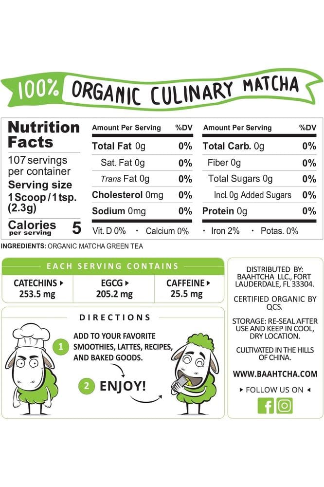 Baahtcha - USDA Organic Matcha Green Tea Powder - Premium Culinary Grade Natural Caffeine Energy Booster, Antioxidant, Weight Loss - Gluten Free, Vegan - Value Size, 250g