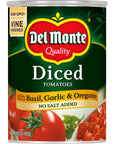 Del Monte Canned Diced Tomatoes with Basil Garlic Oregano and No Added Salt 145 Ounce Pack of 12