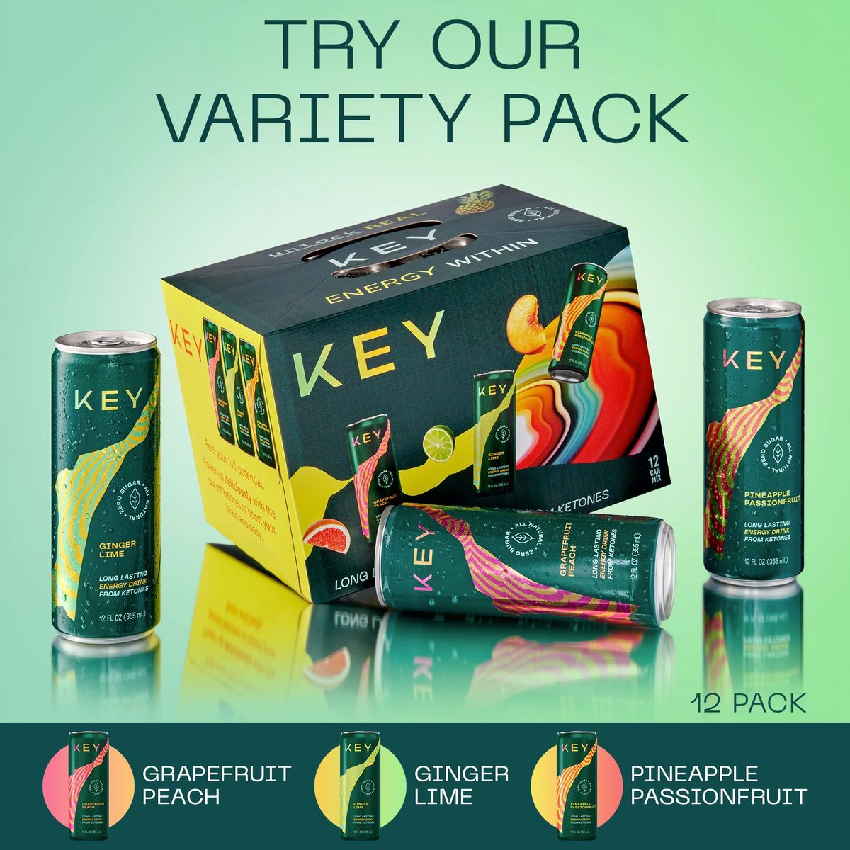 KEY Ketone Energy Drink  Sugar Free All Natural Long Lasting Energy Optimal Green Tea Caffeine  LTheanine for Mental Focus to Perform Grapefruit Peach Pack of 12