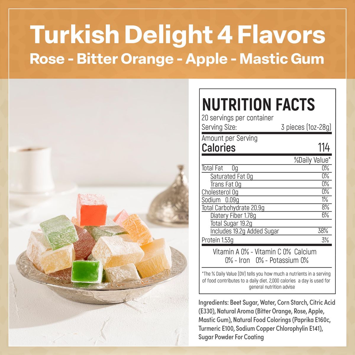 Eastanbul Turkish Delight Candy 105oz 4 Mediterranean Flavors Turkish Delights Assorted Lokum Turkish Delight Rose Bitter Orange Apple Mastic Gum Turkish Delights Mothers Day Gift