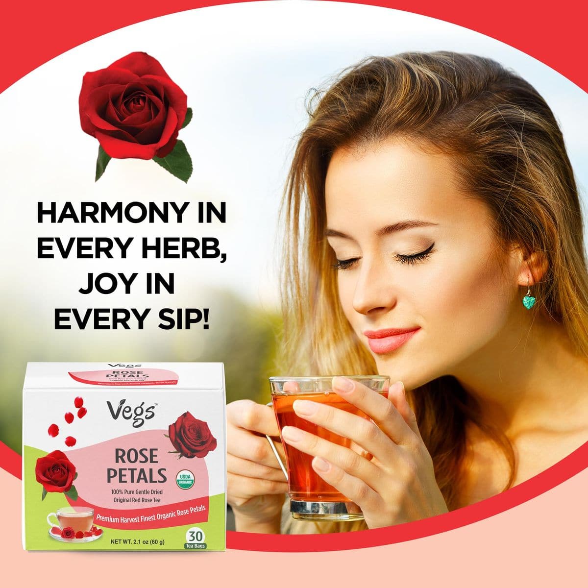 Vegs Rose Petals Tea  100 Pure Red Rose 30 Tea Bags  Organic Real Rose Flower Herbal Tea Caffeine Free  Premium Food Grade Rose Petals