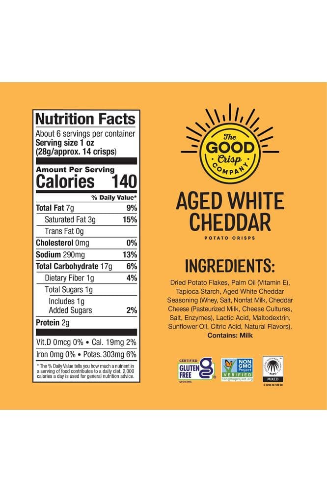 The Good Crisp Company, Aged White Cheddar, Gluten Free Potato Chips (5.6 Ounce Canisters, Pack of 8), Non-GMO, Allergen Friendly, Potato Chip Snack Pack, Gluten Free Snacks