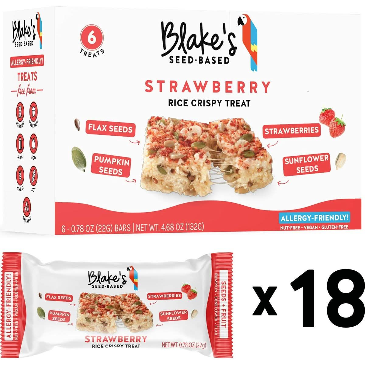 Blakes Seed Based Rice Crispy Treats  Strawberry 18 Count Nut Free Gluten Free Dairy Free  Vegan Healthy Snacks for Kids or Adults School Safe Low Calorie Organic Fruit Flavored Snack