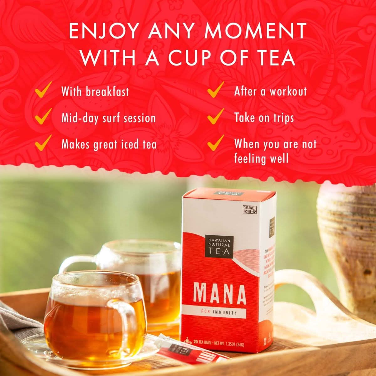 Mana Hibiscus Tea  Herbal Black Tea  All Natural Wellness Tea  Refreshing Uplifting and Energizing Tea with Cinnamon  Mint  Supports Immune Health 20 Tea Bags