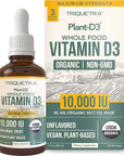 Organic Vitamin D3 10,000 IU - Plant D3, Vegan, Max Strength Sublingual Liquid D3 Drops - 200% Higher Absorption, 100% Plant-Based Cholecalciferol Form & Vegan D3, Adjustable Dosing (30 Servings)