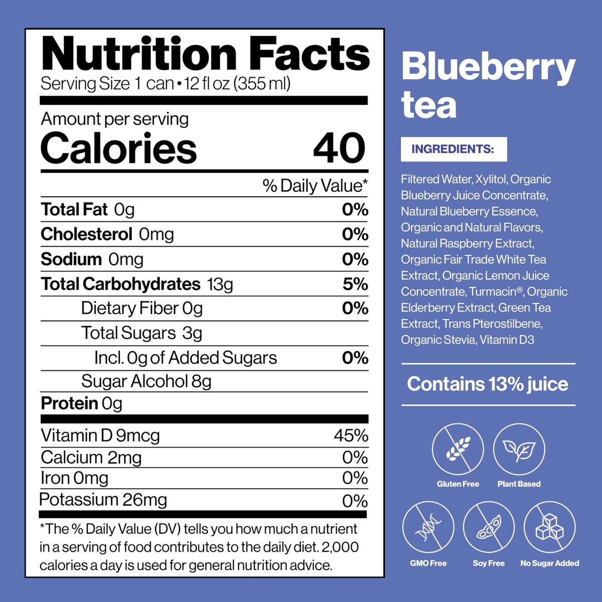 Happy Being NutrientRich Organic Blueberry White Tea  Infused with Turmeric Elderberry Vitamin D3 Caffeine Free PlantBased Low Calorie  Low Sugar Drinks 12oz 4 Pack