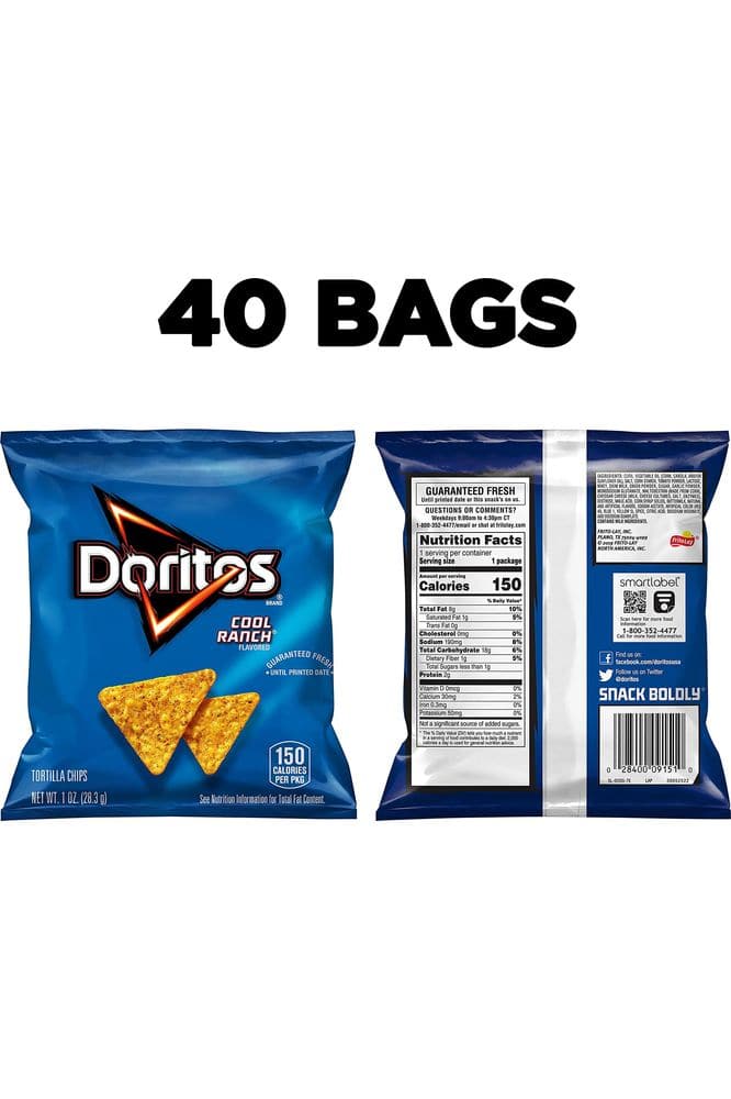 Doritos Cool Ranch Flavored Tortilla Chips, 1oz Bags (40 Pack)