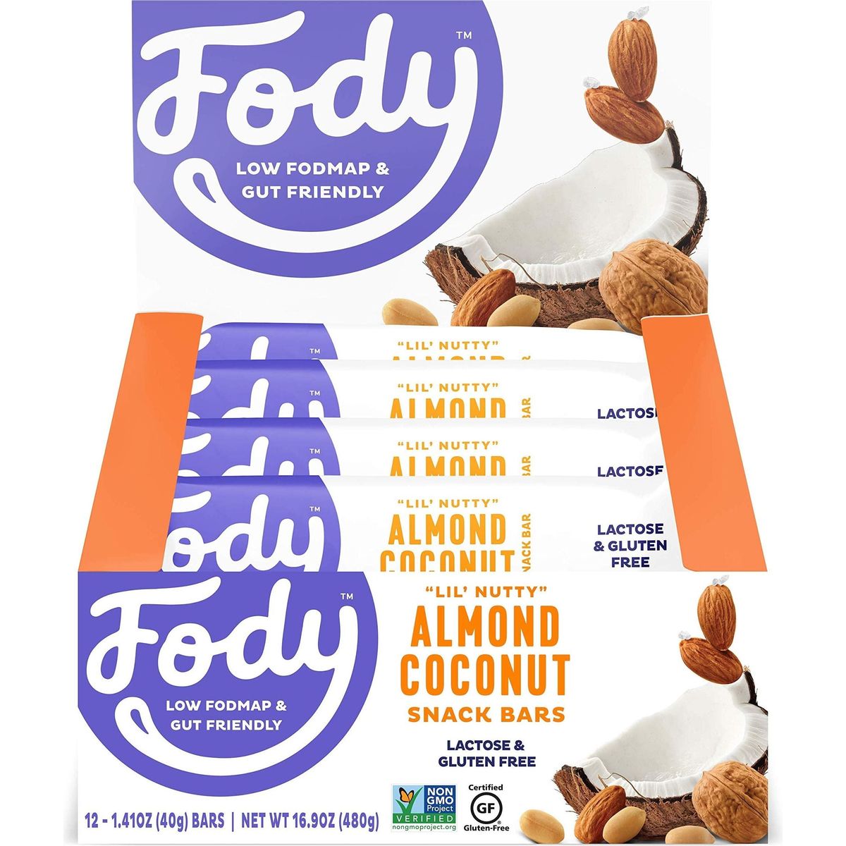 Fody Foods Vegan Protein Nut Bars, Almond and Coconut Flavor, 6g Protein per Bar, Low FODMAP Certified, Gut &amp; IBS Friendly, 12 Count