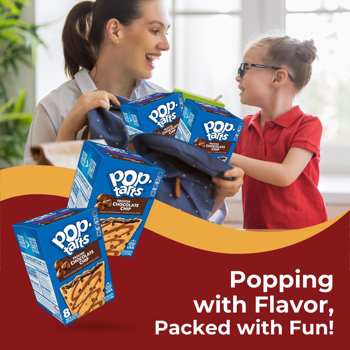 Deluxe Chocolate Chip PopTarts Bundle  16 Toaster Pastries 2x8 Packs with Portable Silicone Snack Bag  Ideal for Quick Breakfasts  OntheGo Snacks