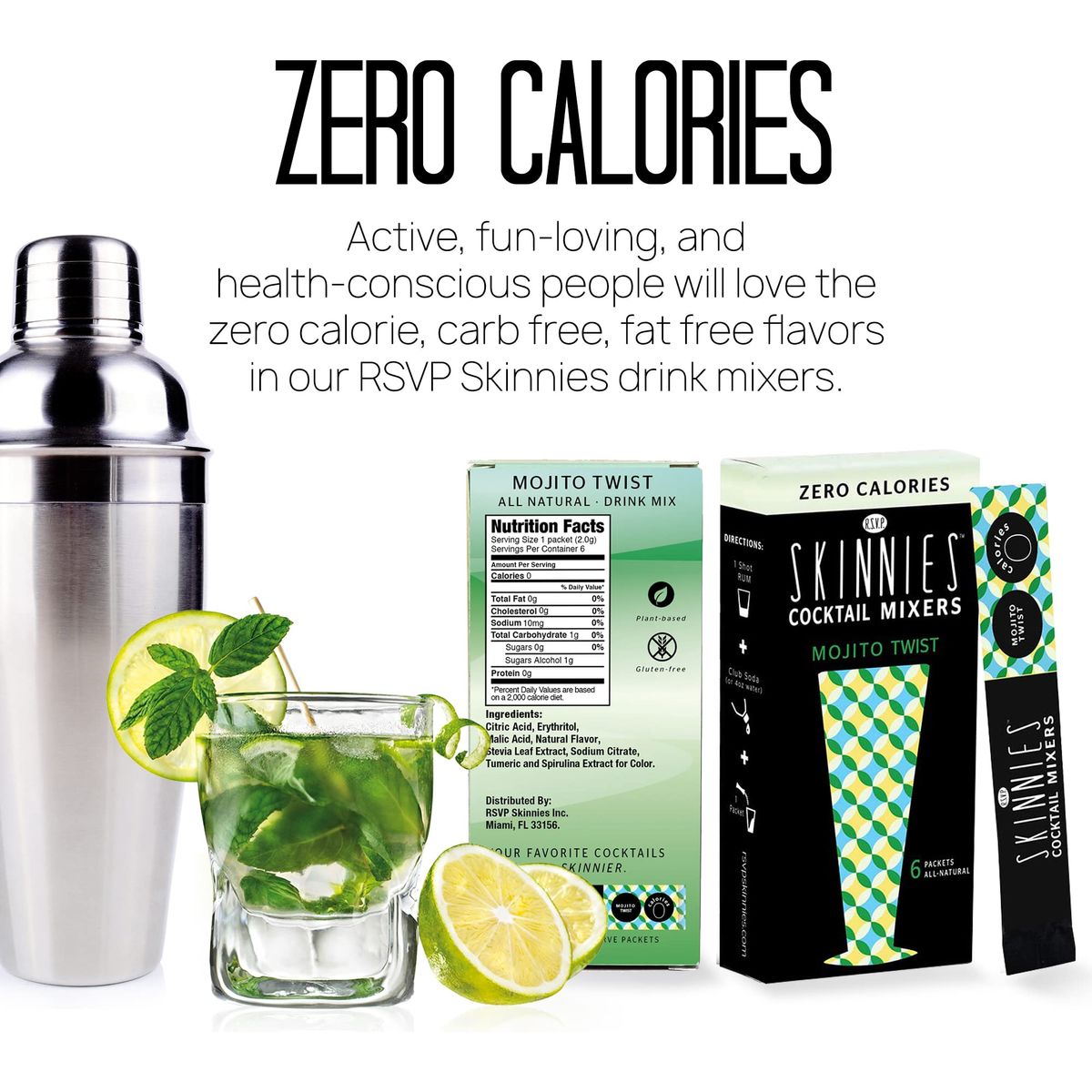 RSVP Skinnies Mojito Twist  Zero Sugar Mixer for Cocktails or Mocktails  No Aspartame Gluten Free and All Natural Mojito Drink Mix 4 boxes24 packets