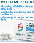 Elements Supreme Probiotic, 28 Capsules (14 Day Supply), 100 Billion CFU Digestive Health Support Supplement, Helps Promote Your Body’s Natural Flora, Gluten Free, Non- GMO Certified