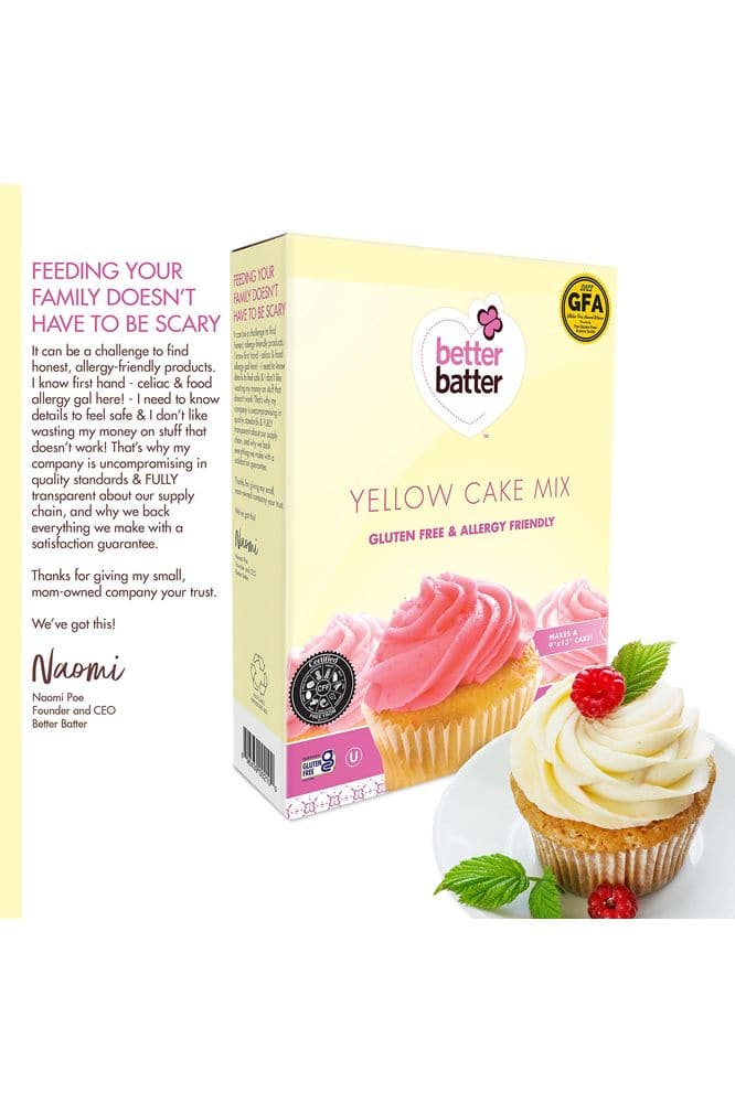 Better Batter Yellow Cake Baking Mix, Certified Gluten Free, Perfect for Cupcakes, Moist &amp; Fluffy, Non-GMO, Vegan Friendly, Kosher, Top 10 Allergen Friendly, Cup for Cup Baking Alternative to Regular Cake Mixes, 18.25oz