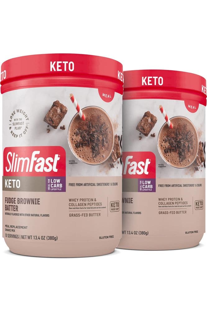 SlimFast Keto Meal Replacement Powder, Fudge Brownie Batter, Low Carb with Whey &amp; Collagen Protein, 10 Servings (Pack of 2) (Packaging May Vary)