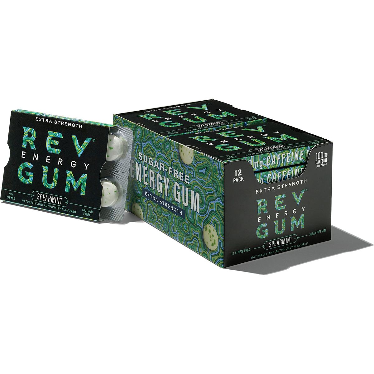 Rev Gum Caffeine Energy Gum  Extra Strength 100mg of Caffeine per Gem  Spearmint Sugar Free Caffeine Gum  Low Calorie Chews to Help You Stay Alert Awake and Focused  Mint Chewing Gum  12 Packs