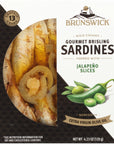 Brunswick Wild Caught Gourmet Brisling Sardines in Extra Virgin Olive Oil Topped with Jalapeño Slices423 oz Can Pack of 12 Wild Caught Sardines 13g Protein per Serving Gluten NoKeto Friendly