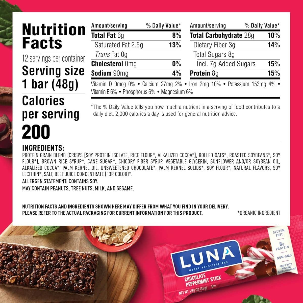 LUNA Bar - Chocolate Peppermint Stick - 1.69 oz. (12 Pack)