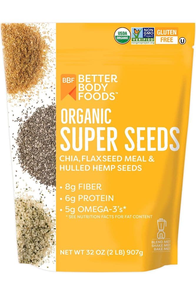 BetterBody Foods Superfood Organic Super Seeds - Chia Flax &amp; Hemp Seeds, Blend of Organic Milled Flax Seed Organic Hemp Hearts, Add to Smoothies Shakes &amp; More, 2lb, 32 oz