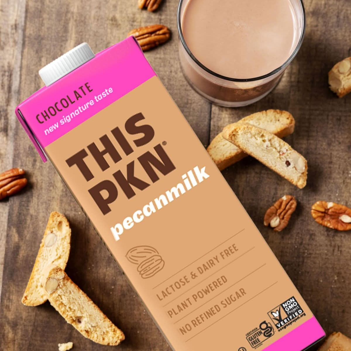 THIS PKN Pecan Nut Milk Chocolate Non Dairy Milk Alternative Made from Real Texas Pecans Plant Based Chocolate Milk Made Without Added Sugars and No GMOs or Lactose 32oz Pack of 6