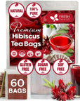 FreshDrinkUS Premium 60 Hibiscus Flowers Tea Bags 100 Natural Pure from Hibiscus Flowers Loose Flower Hibiscus Herbal Tea Hibiscus Flower Tea No Sugar No Caffeine No Gluten Vegan