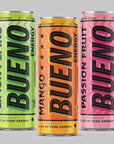 Bueno Energy Drink Passion Fruit Flavor 12oz Made With Real Cane Sugar 12 Pack  Great Taste No Jitters Long Lasting Energy With Healthy Ginseng  Real Sugar All Natural Flavor  No Artificial Sweeteners Passion Fruit