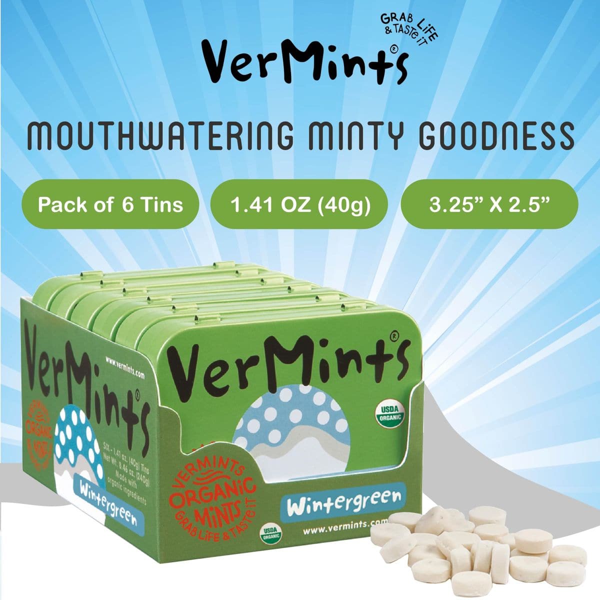 Organic Breath Mints by VerMints Wintergreen Flavor All Natural NonGMO Nut Free Gluten Free Vegan KSA Kosher Pack of 6 141oz Tins