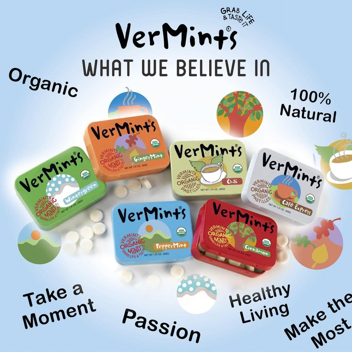 Organic Breath Mints by VerMints Variety Pack with 6 Flavors All Natural NonGMO Nut Free Gluten Free Vegan KSA Kosher 141oz Tins