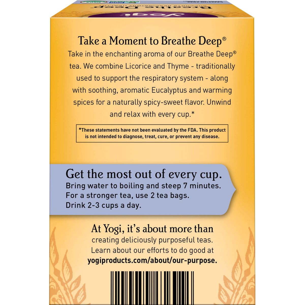 Yogi Tea  Breathe Deep 6 Pack  Supports Respiratory Health with Eucalyptus Thyme and Mullein Leaves  Caffeine Free  96 Organic Herbal Tea Bags