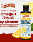 Barlean's Lemon Crème Omega 3 Fish Oil Liquid Supplement, 1080mg of Omega 3 EPA & DHA Fatty Acid, Smoothie Flavored & Burpless for Brain, Joint, & Heart Health, 16 oz