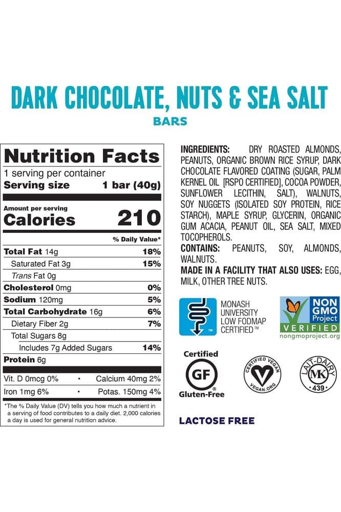 Fody Foods Vegan Protein Nut Bars, Dark Chocolate Nuts and Sea Salt Flavor, 6g Protein per Bar, Low FODMAP Certified, Gut &amp; IBS Friendly, 6 Count