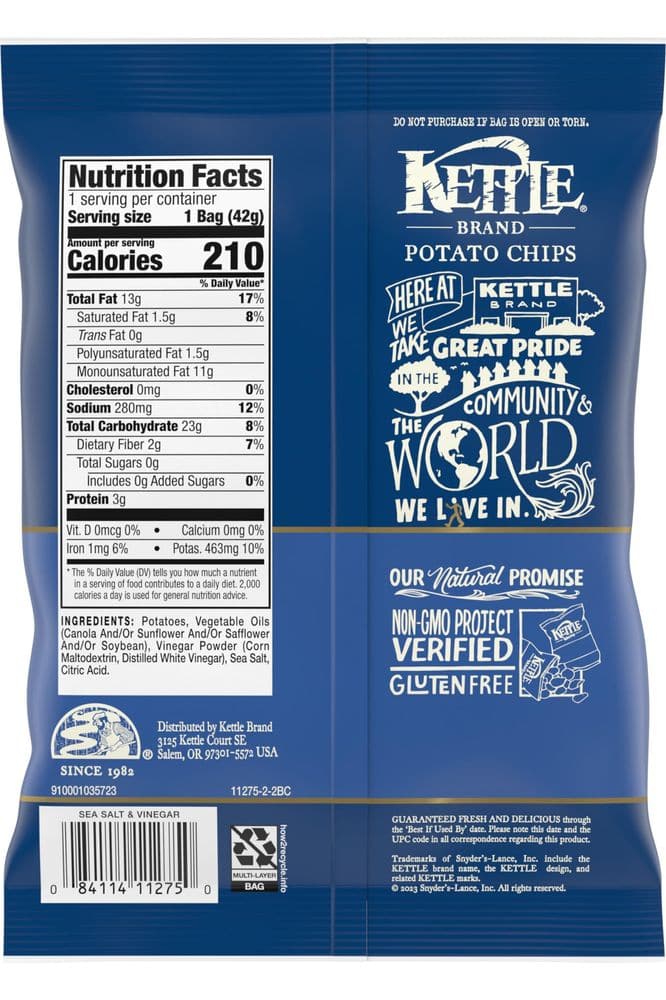 Kettle Brand Potato Chips, Sea Salt &amp; Vinegar Kettle Chips, Snack Bag, 1.5 Oz (Pack of 24)